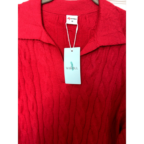 NWT WIHOLL Red Cable-Knit Collared V Neck Pullover Sweater Women Size M-L - Picture 3 of 6